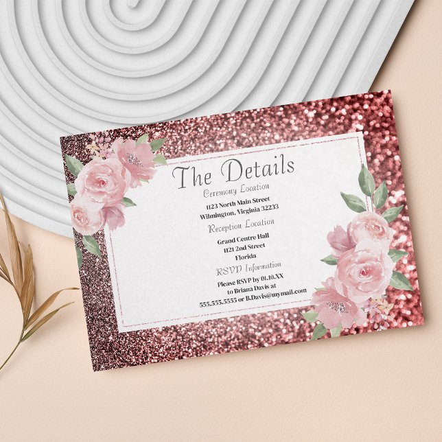 Rose gold silver glitter pink floral Details Enclosure Card (Rose gold silver glitter pink floral Details )