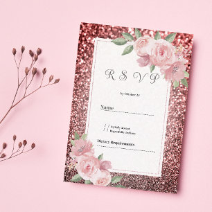 Rose gold silver glitter pink floral RSVP Invitation
