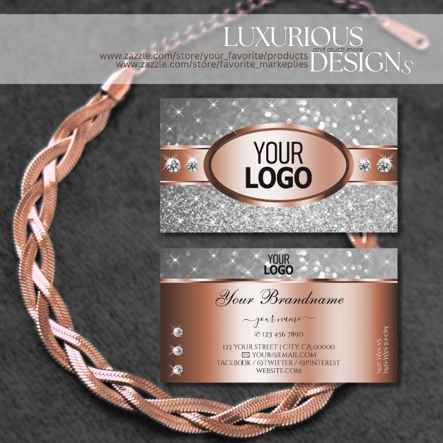 Rose Gold Silver Glitter Stars Diamonds add Logo Business Card (Creator Uploaded)