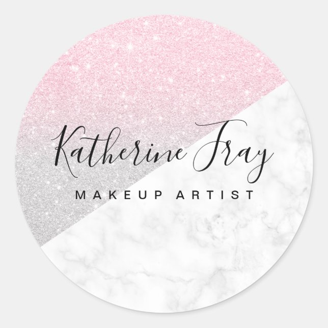 Rose gold silver glitter white marble makeup classic round sticker (Front)