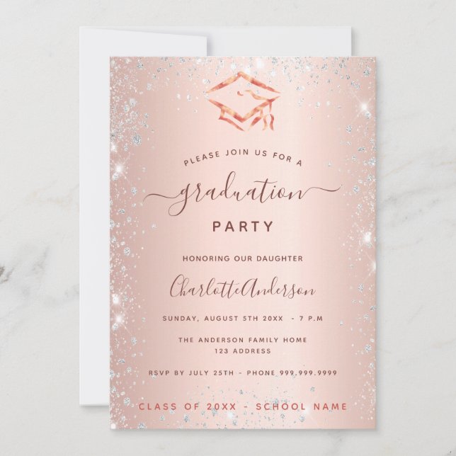 Rose gold silver graduation party 2025 invitation (Front)