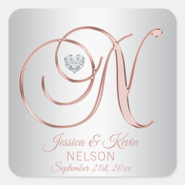 Rose Gold Silver Grey Monogram Heart Wedding Square Sticker (Front)