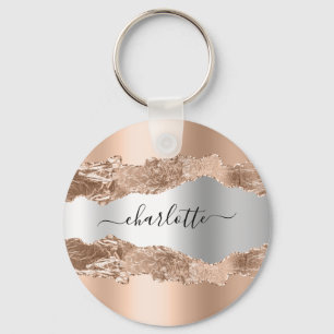Rose gold silver metal agate marble name script key ring