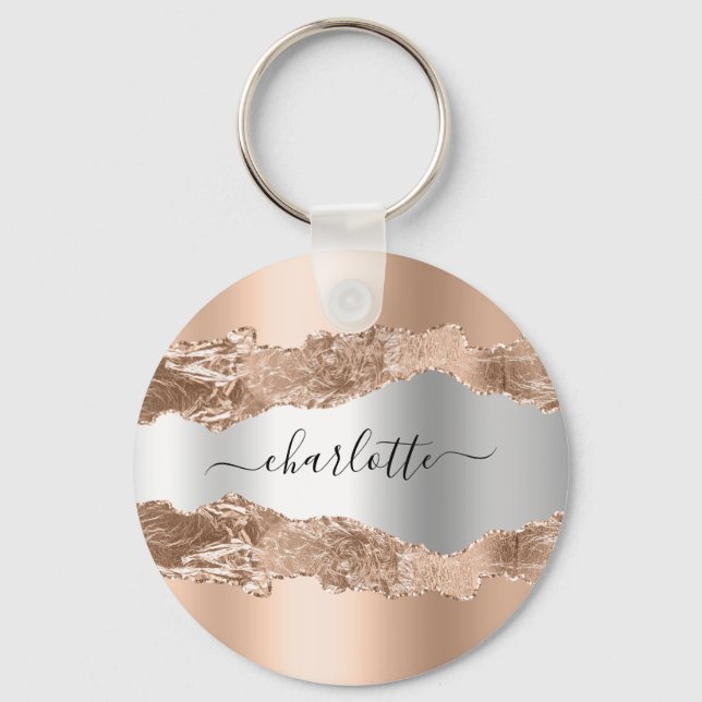 Rose gold silver metal agate marble name script key ring (Front)