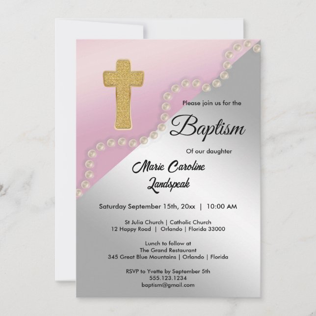 Rose Gold Silver Metallic & Pearls Baptism Invitation (Front)