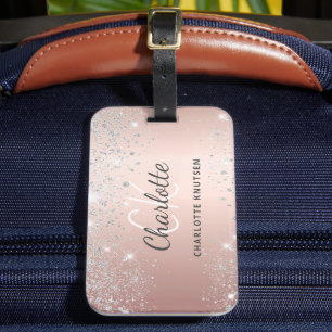 Rose gold silver monogram name script luggage tag