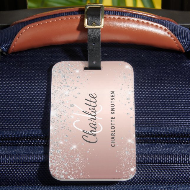 Rose gold silver monogram name script luggage tag (Front Insitu 2)