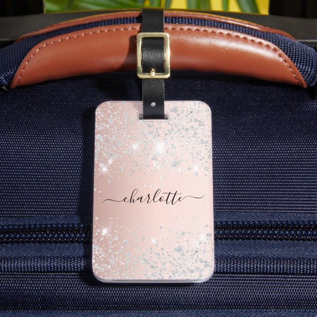 Rose gold silver name script luggage tag (Front Insitu 2)