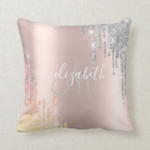 Rose Gold,Silver Ombre Glitter Drips Monogram  Cushion
