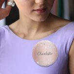Rose gold silver party name tag 6 cm round badge<br><div class="desc">An elegant rose gold background. Decorated with faux silver sparkles. Personalize and add your name. The name is written with a hand lettered style script.</div>