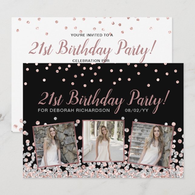 Rose Gold Silver Photo Collage 21st Birthday Invitation (Front/Back)