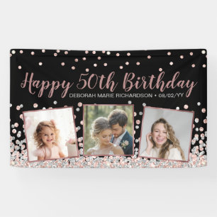 Rose Gold Silver Photo Collage 50th Birthday Banner