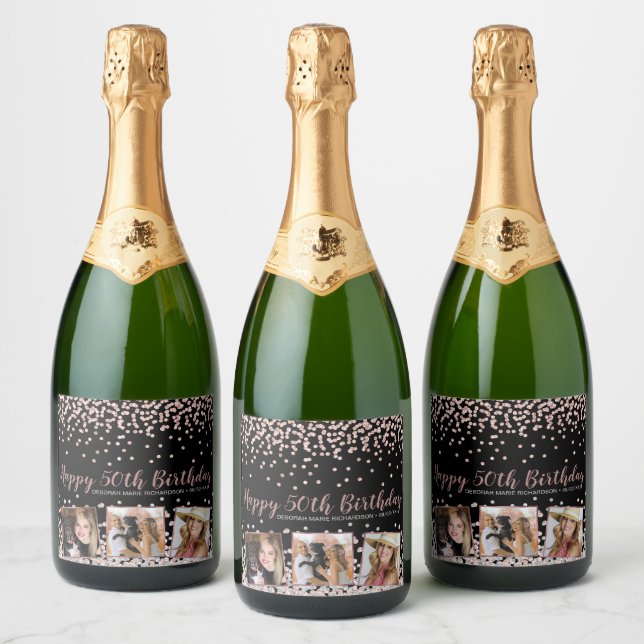 Rose Gold Silver Photo Collage 50th Birthday Sparkling Wine Label (Bottles)