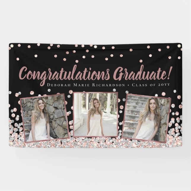 Rose Gold Silver Photo Collage Graduation Banner (Horizontal)