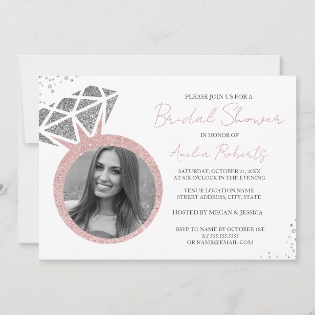 Rose Gold Silver Photo Sparkle Ring Bridal Shower  Invitation (Front)