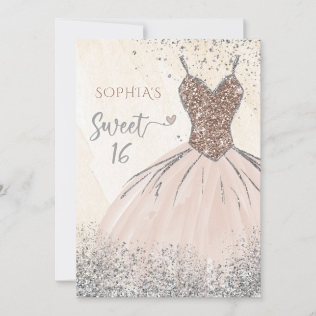 Rose Gold Silver Sparkle Dress Sweet 16 birthday Invitation (Front)