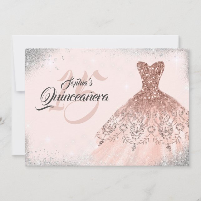 Rose Gold Silver Sparkle Lace Gown Quinceanera Invitation (Front)