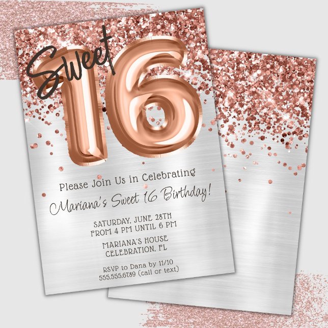 Rose Gold Silver Sweet 16 Birthday Party Invitation (Creator Uploaded)