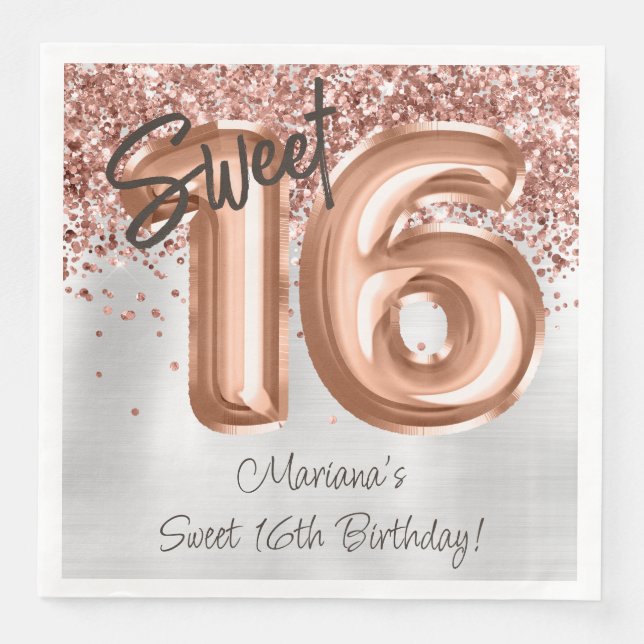  Rose Gold Silver Sweet 16th Birthday Party Napkin (Front)