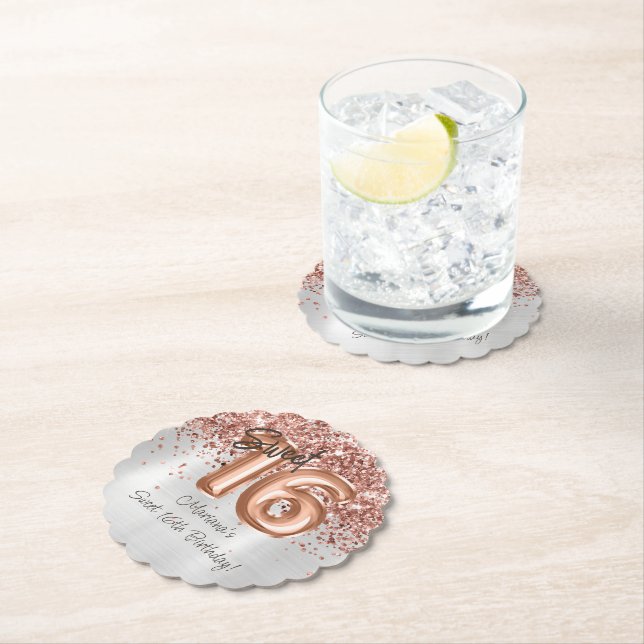  Rose Gold Silver Sweet 16th Birthday Party Paper Coaster (Insitu)