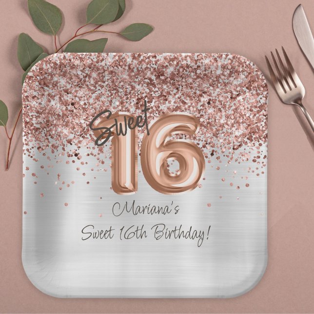  Rose Gold Silver Sweet 16th Birthday Party Paper Plate (Creator Uploaded)