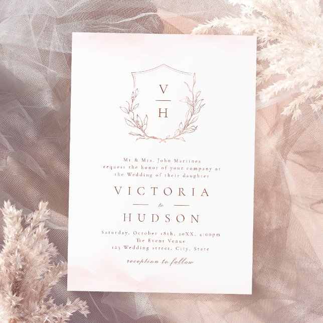 Rose gold simple botanical crest monogram wedding invitation (Creator Uploaded)