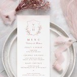 Rose gold simple botanical crest monogram wedding menu<br><div class="desc">Monogrammed initials framed by elegant crest and hand illustrated botanical leaves,  menu details in elegant script and classic font,  simple and luxury.  Great faux rose gold and blush pink menu for modern classic wedding,  simple formal wedding,  elegant botanical garden wedding. 
See all the matching pieces in the collection.</div>