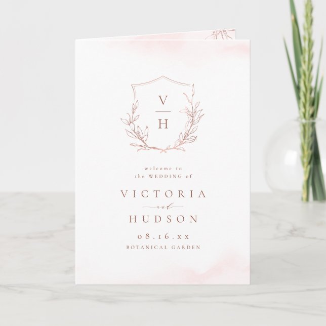 Rose gold simple botanical crest monogram wedding programme (Front)