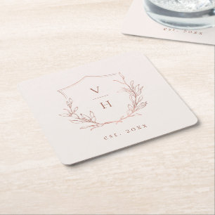 Rose gold simple botanical crest monogram wedding square paper coaster