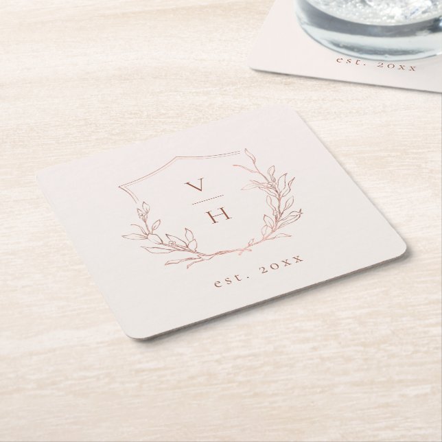 Rose gold simple botanical crest monogram wedding square paper coaster (Angled)