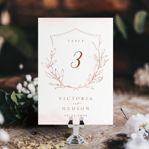 Rose gold simple botanical crest monogram wedding table number