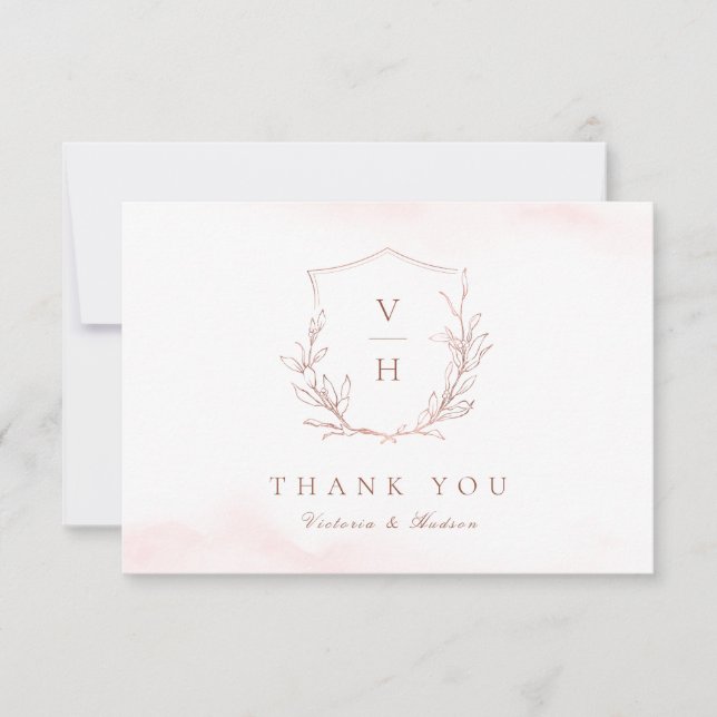 Rose gold simple botanical crest monogram wedding thank you card (Front)