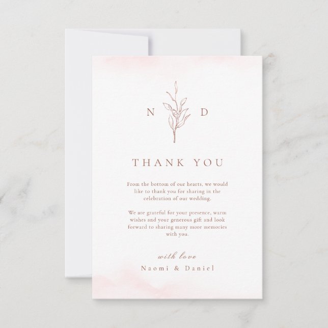 Rose gold simple botanical leaves monogram wedding thank you card (Front)