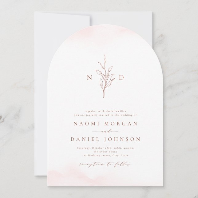 Rose gold simple botanical monogram rustic wedding invitation (Front)