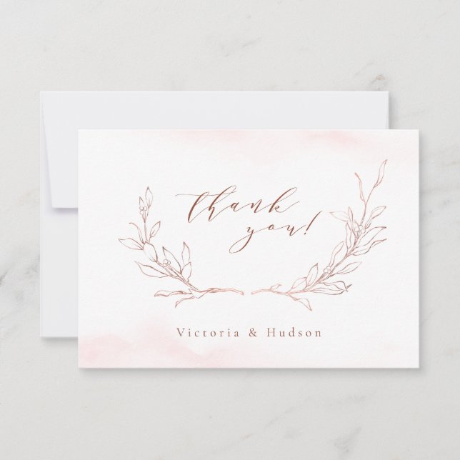 Rose gold simple botanical wreath wedding thank you card (Front)