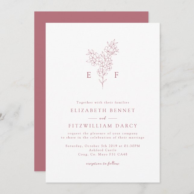 Rose Gold Simple Cherry Blooming Blossoms Monogram Invitation (Front/Back)