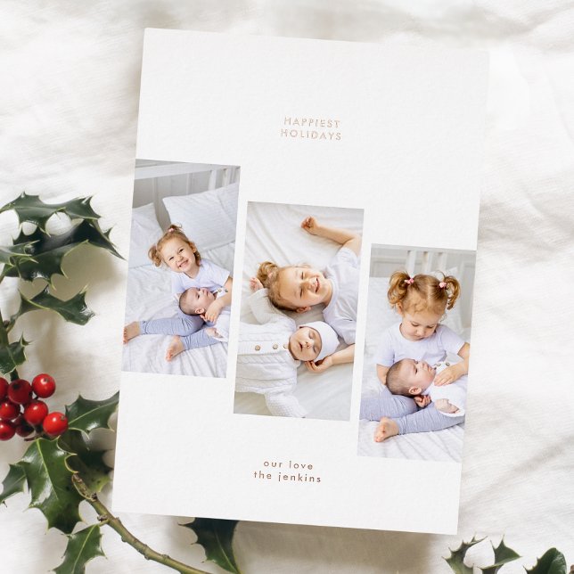 Rose Gold Simple Christmas 3 Photo Frames Foil Holiday Card (Creator Uploaded)