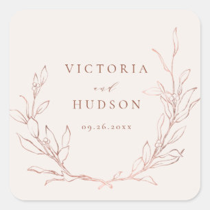 Rose gold simple elegant botanical wreath wedding square sticker