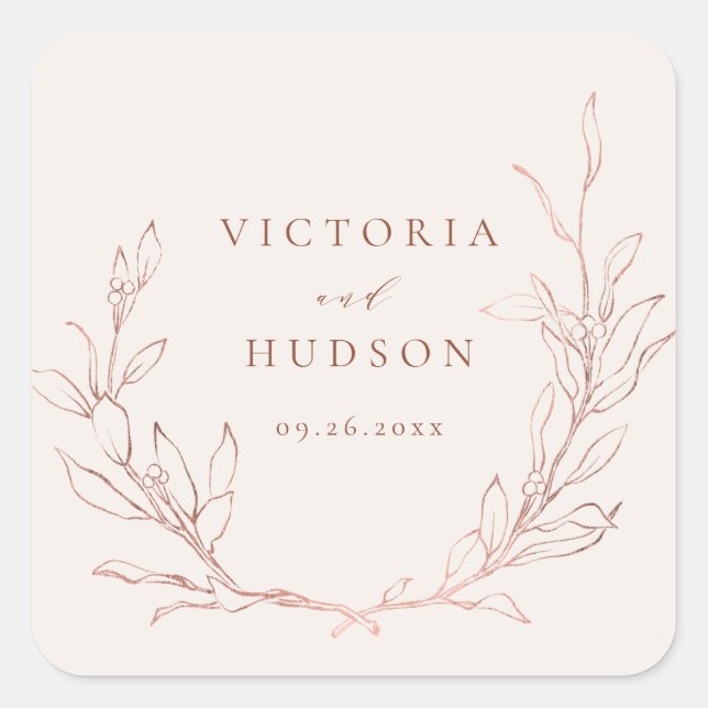 Rose gold simple elegant botanical wreath wedding square sticker (Front)
