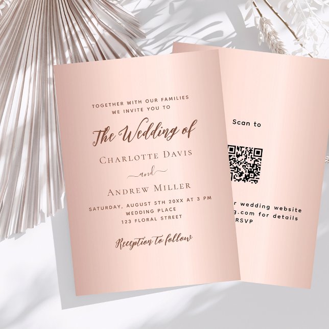 Rose gold simple elegant QR code RSVP wedding Invitation (Creator Uploaded)