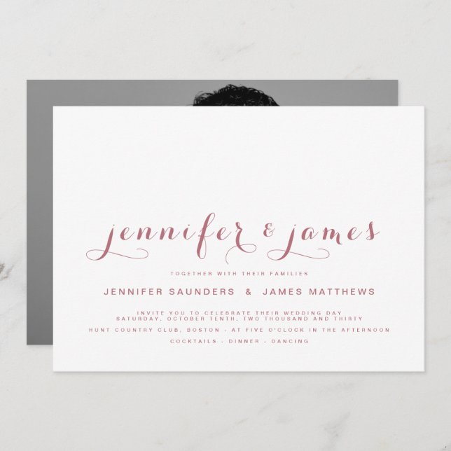 Rose Gold Simple Elegant Script Photo Wedding Invitation (Front/Back)