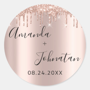 Rose Gold Simply Name Date Black Drips Classic Round Sticker