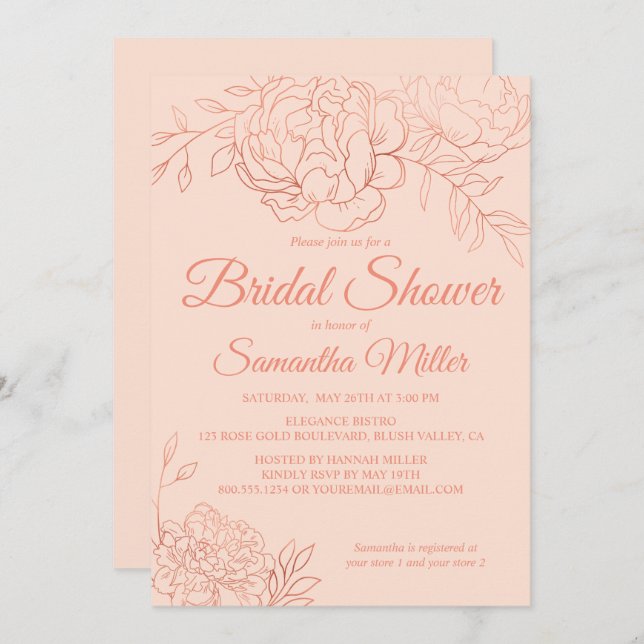 Rose Gold Sketched Flowers Bridal Shower Invitation (Front/Back)