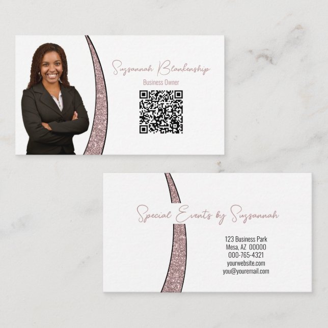 Rose Gold Sliver Faux Glitter Photo QR Chic Business Card (Front/Back)