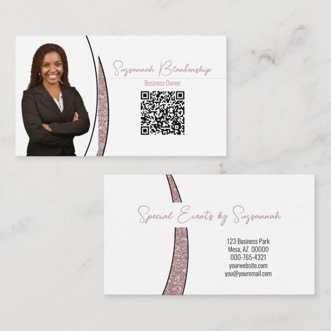 Rose Gold Sliver Faux Glitter Photo QR Chic Business Card (Front/Back)