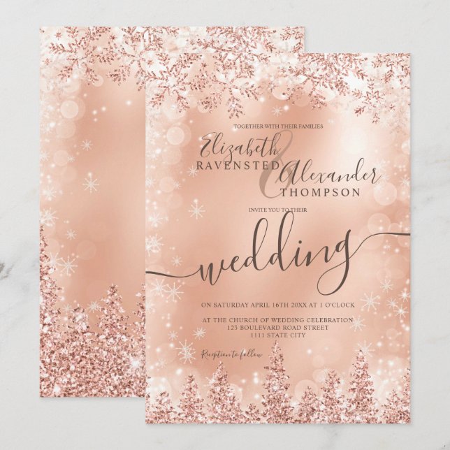 Rose gold snow pine Christmas winter wedding Invitation (Front/Back)