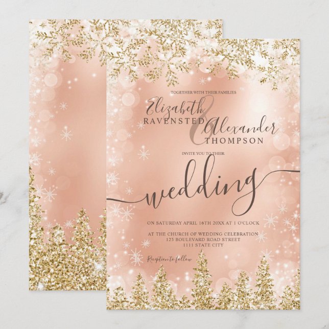 Rose Gold snow pine Christmas winter wedding Invitation (Front/Back)