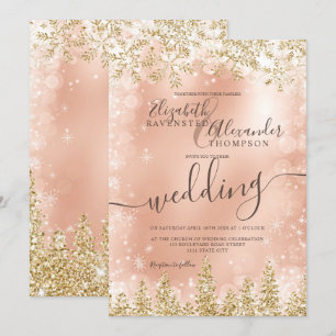 Rose Gold snow pine Christmas winter wedding Invitation