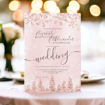 Rose gold snow pine Christmas winter wedding Invitation<br><div class="desc">Time to celebrate your winter wonderland wedding theme with this luxury rose gold glitter snowflakes sparkles and rose gold glitter pine tree forest on an elegant festive faux pink metallic background,  featuring a modern cool script font typography.</div>