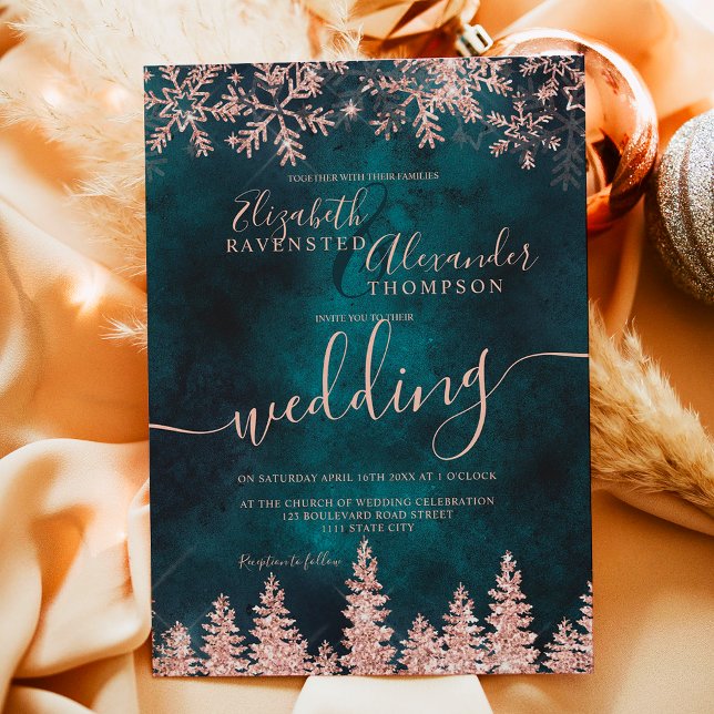 Rose gold snow pine green Christmas winter wedding Invitation (Rose gold snow pine green Christmas winter wedding Invitation)